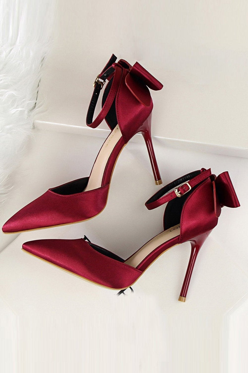 Load image into Gallery viewer, Burgundy Satin Prom Heels with Bowknot