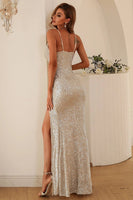 Load image into Gallery viewer, Silver Sequins Prom Dress with Slit