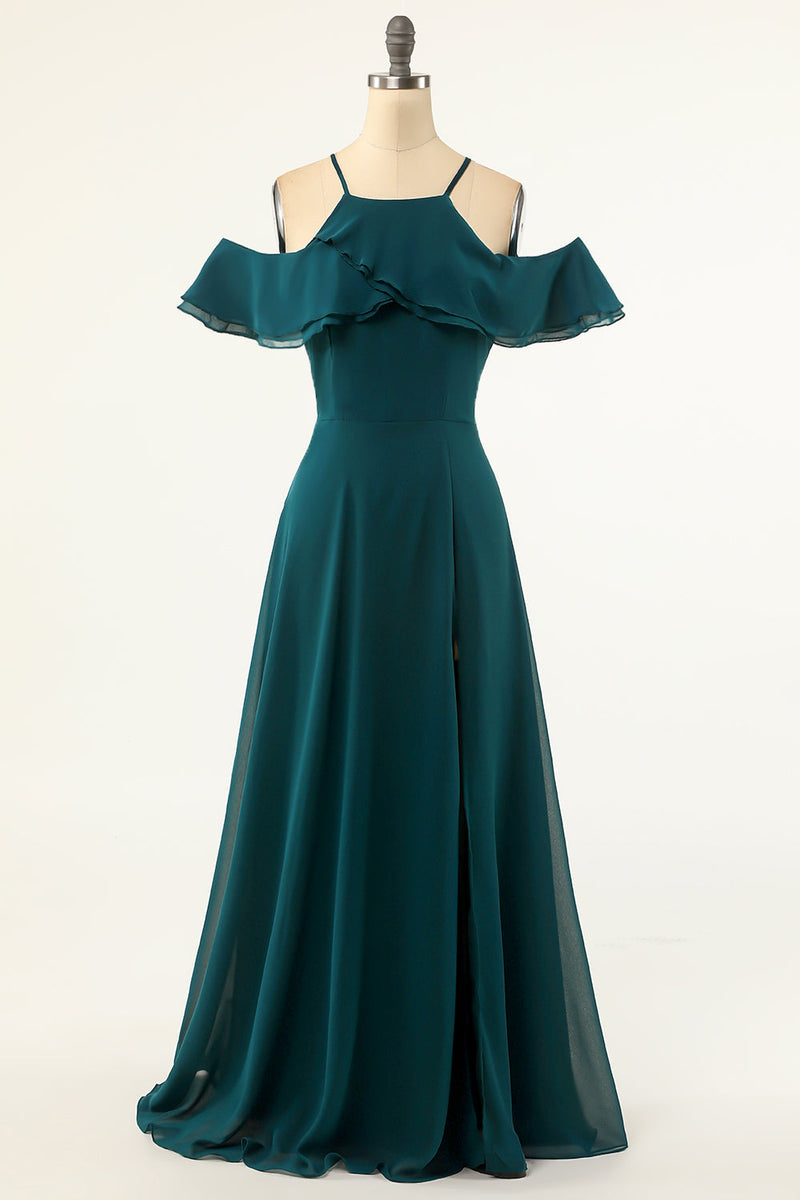 Load image into Gallery viewer, Green Cold Shoulder Prom Dress
