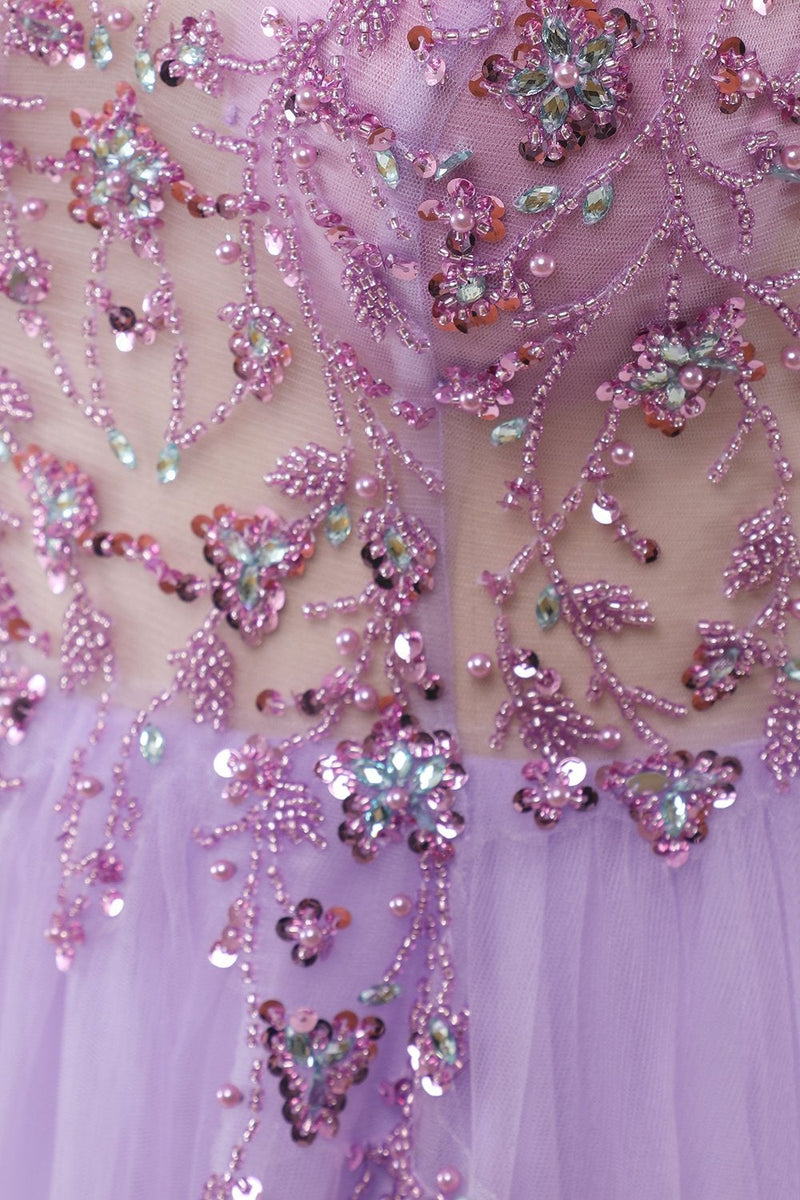 Hi-low Purple Tulle Lace Beaded Long Prom Dresses