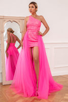 Load image into Gallery viewer, Convertible Hot Pink One Shoulder Glitter Prom Dress