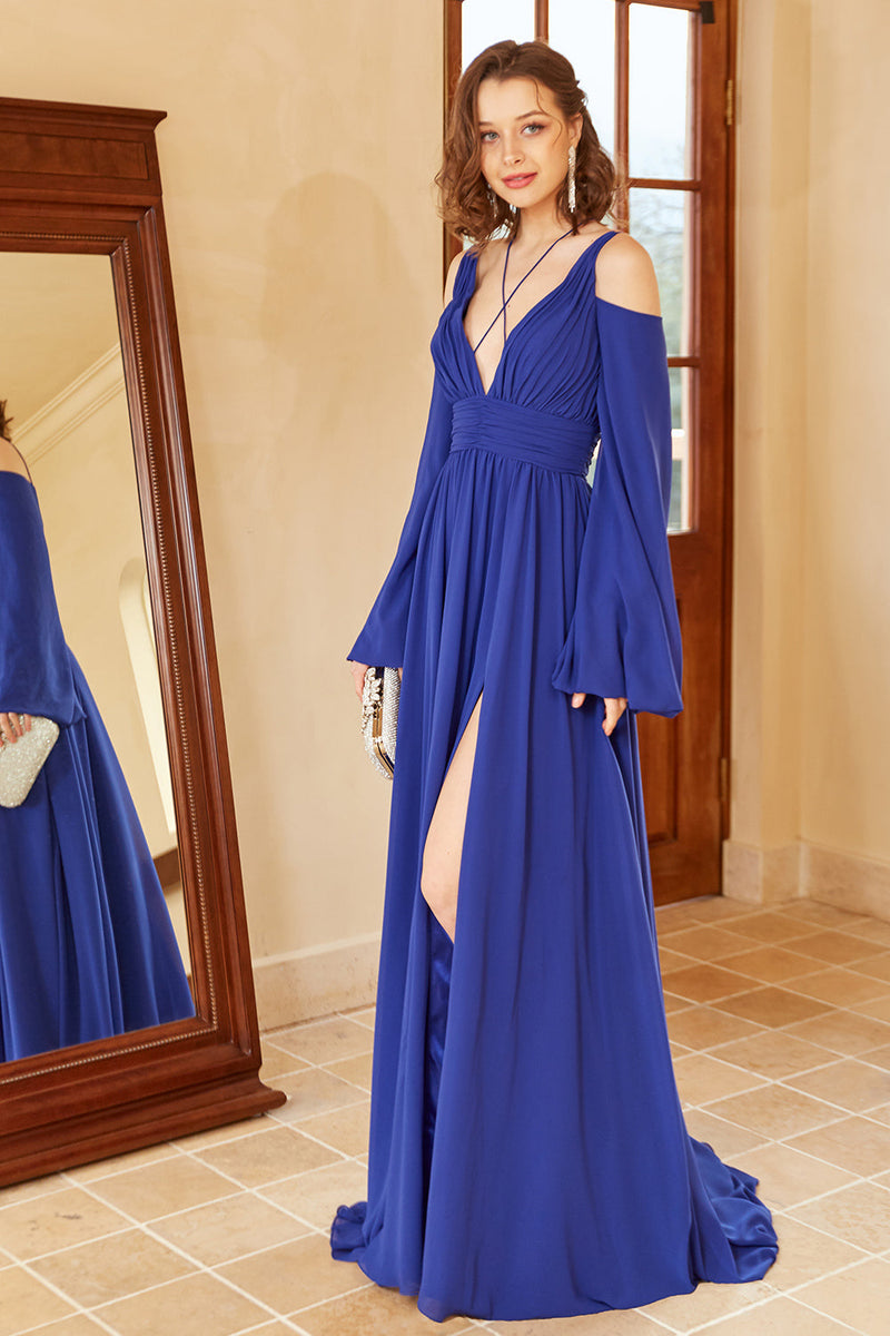 Load image into Gallery viewer, A Line Off the Shoulder Royal Blue Prom Dress with Split Front