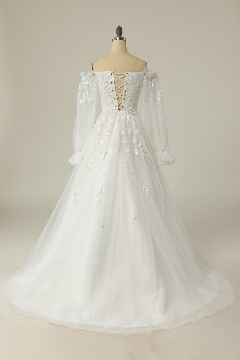 Load image into Gallery viewer, Luxurious A Line Off the Shoulder White Wedding Dress with Appliques