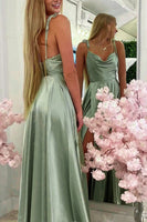 Load image into Gallery viewer, Sage Green Satin Long Prom Dress with Slit