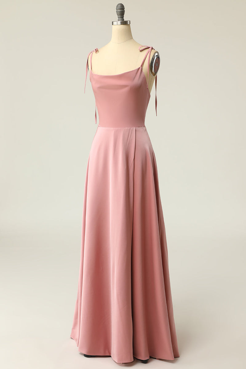 Load image into Gallery viewer, Blush Spaghetti Straps Simple Bridesmaid Dress with Bowknot