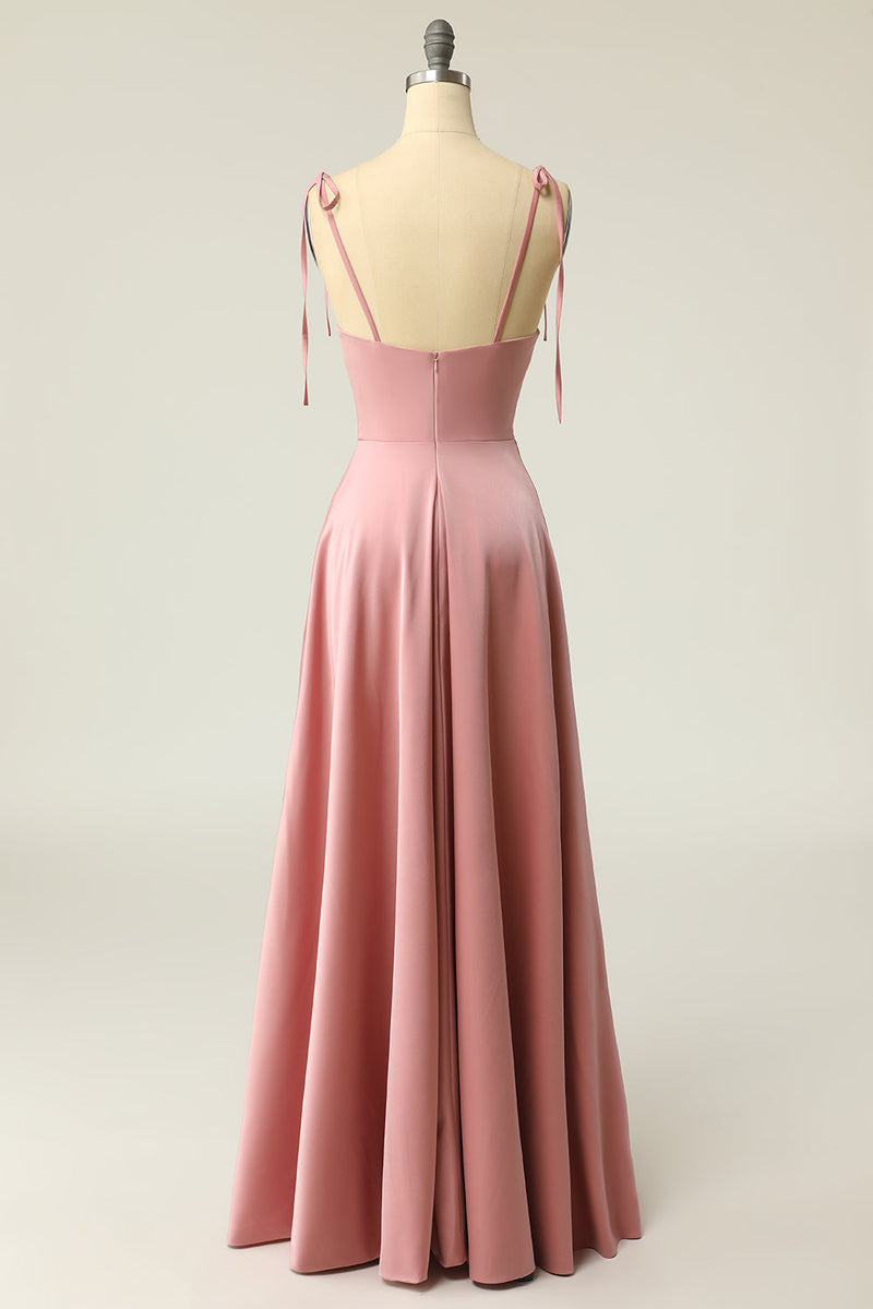 Load image into Gallery viewer, Blush Spaghetti Straps Simple Bridesmaid Dress with Bowknot