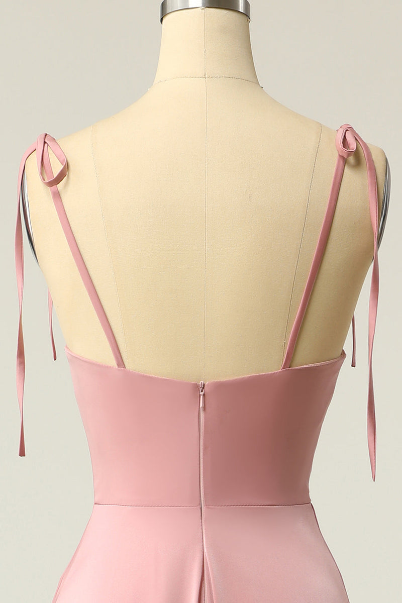 Load image into Gallery viewer, Blush Spaghetti Straps Simple Bridesmaid Dress with Bowknot