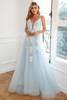Load image into Gallery viewer, Light Blue Appliques Tulle Prom Dress