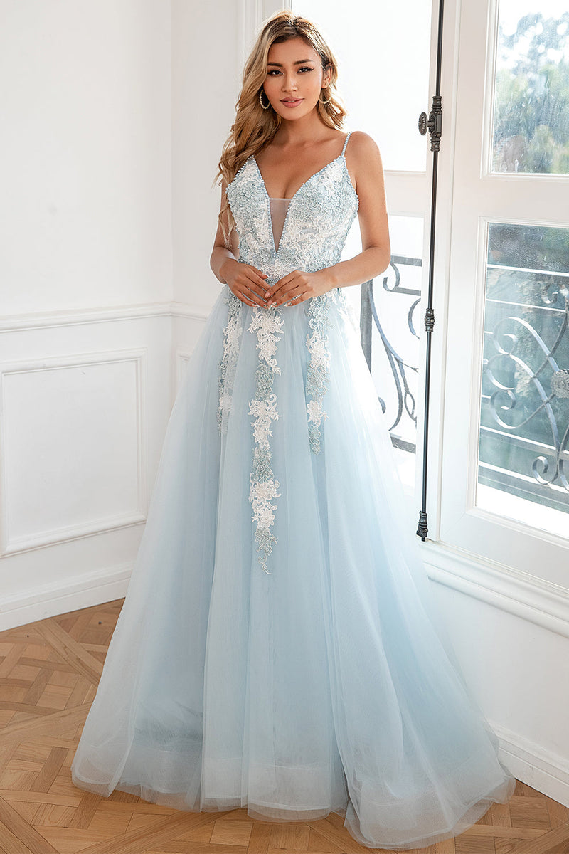Load image into Gallery viewer, Light Blue Appliques Tulle Prom Dress