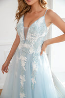 Load image into Gallery viewer, Light Blue Appliques Tulle Prom Dress