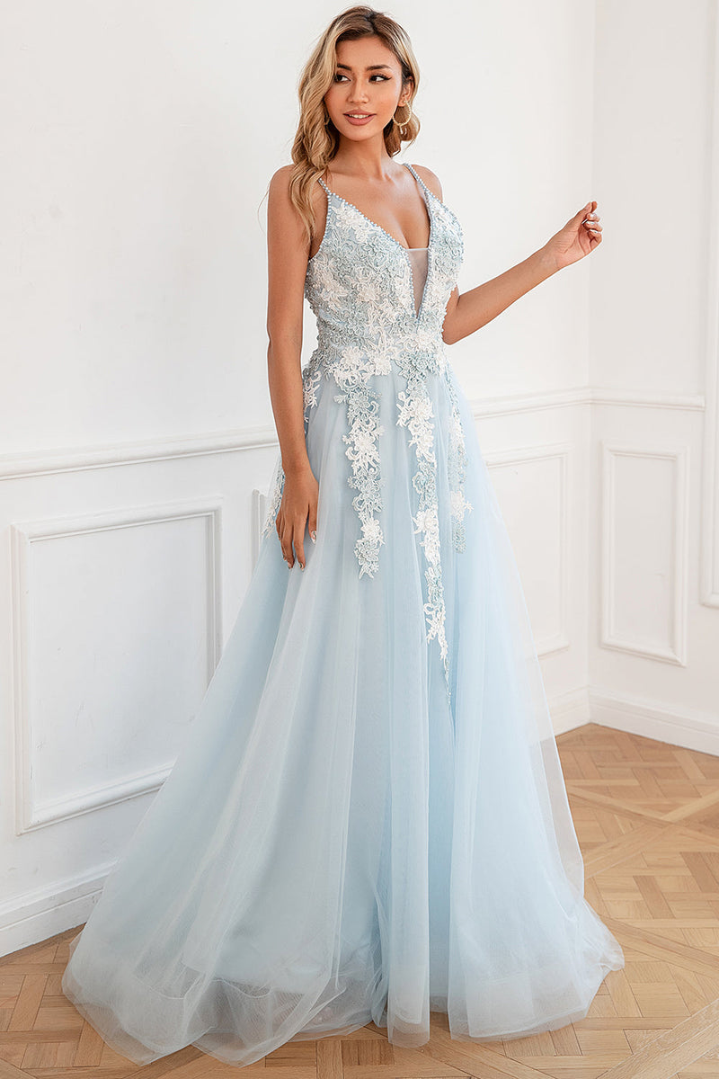 Load image into Gallery viewer, Light Blue Appliques Tulle Prom Dress