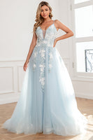 Load image into Gallery viewer, Light Blue Appliques Tulle Prom Dress