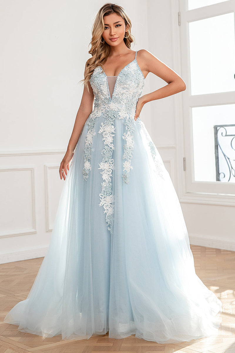 Load image into Gallery viewer, Light Blue Appliques Tulle Prom Dress