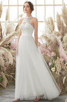 Load image into Gallery viewer, White Halter Neck Tulle A Line Wedding Dress
