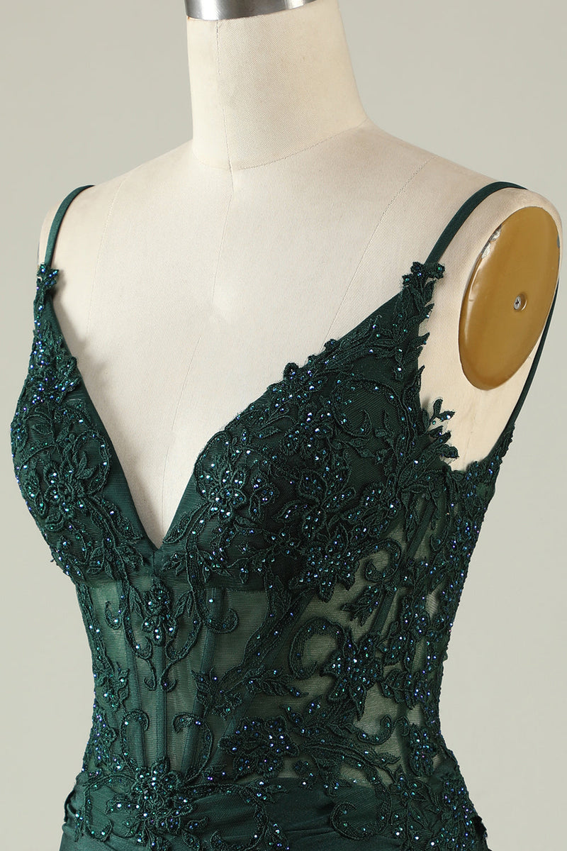 Load image into Gallery viewer, Spaghetti Straps Dark Green Corset Party Dress with Beading