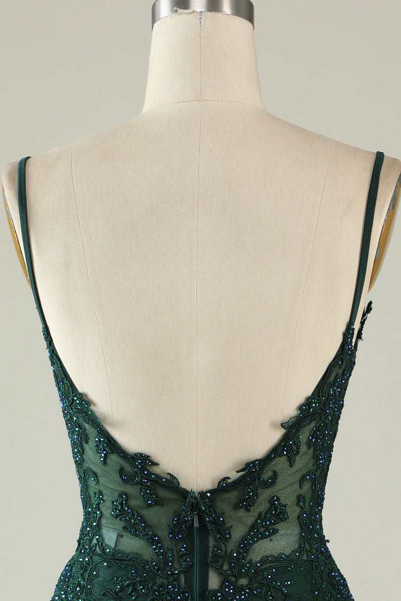 Load image into Gallery viewer, Spaghetti Straps Dark Green Corset Party Dress with Beading