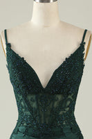 Load image into Gallery viewer, Spaghetti Straps Dark Green Corset Party Dress with Beading