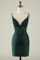Load image into Gallery viewer, Spaghetti Straps Dark Green Corset Party Dress with Beading