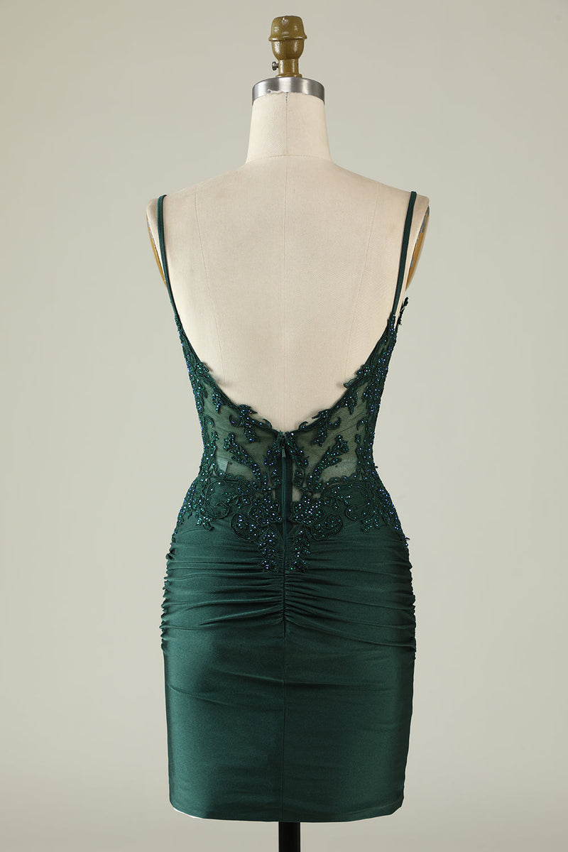 Load image into Gallery viewer, Spaghetti Straps Dark Green Corset Party Dress with Beading