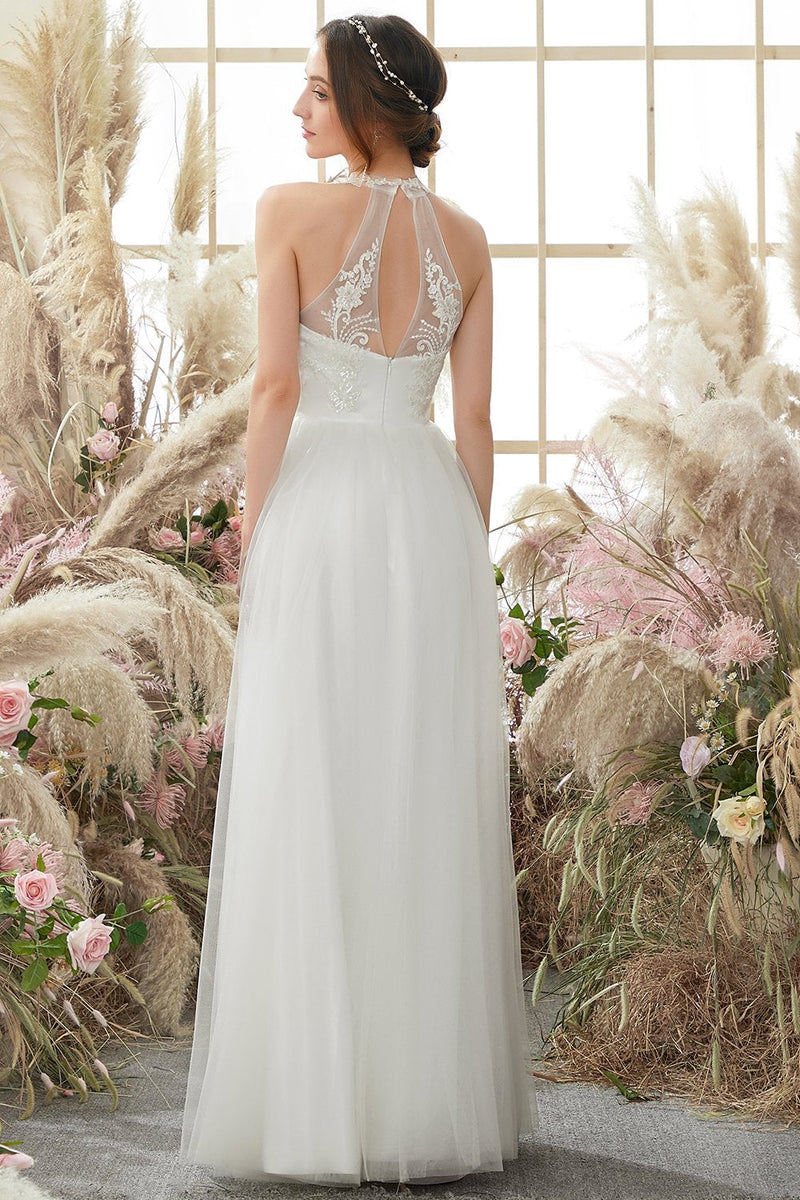 Load image into Gallery viewer, White Halter Neck Tulle A Line Wedding Dress