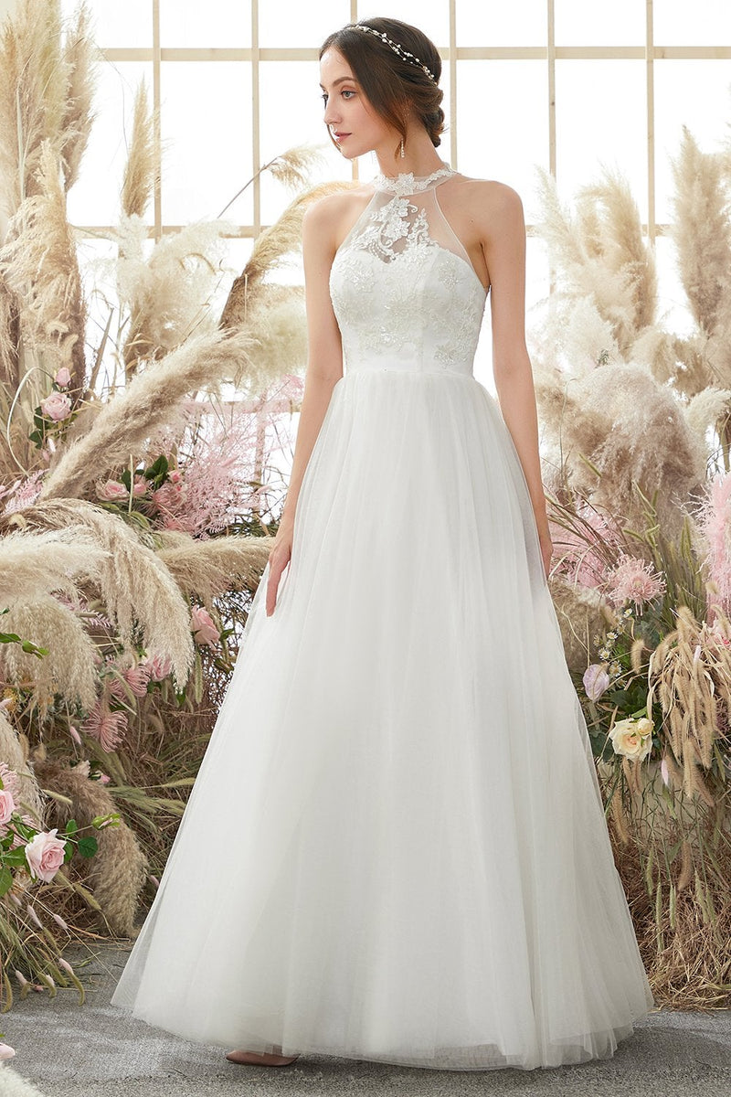 Load image into Gallery viewer, White Halter Neck Tulle A Line Wedding Dress