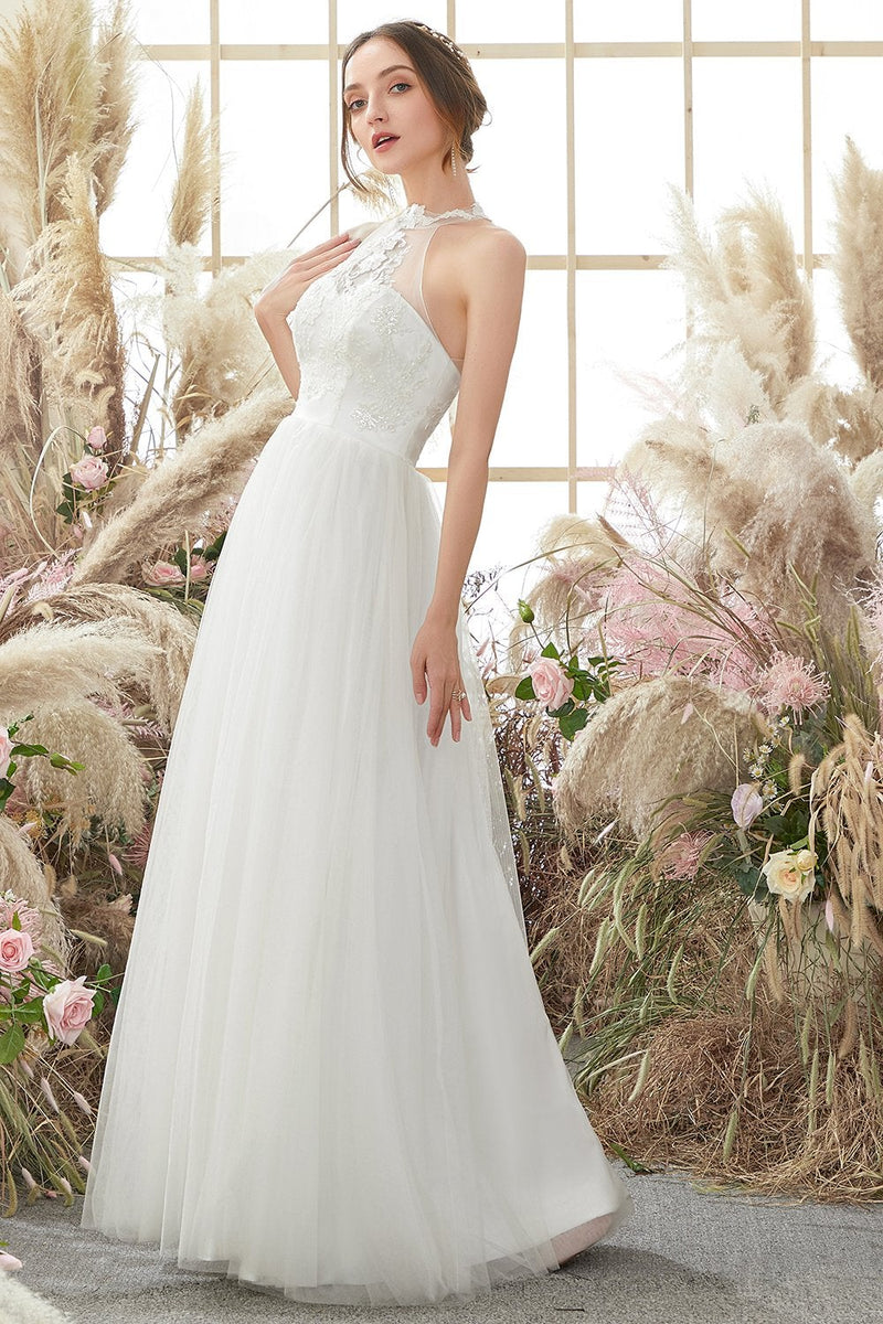 Load image into Gallery viewer, White Halter Neck Tulle A Line Wedding Dress