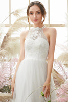 Load image into Gallery viewer, White Halter Neck Tulle A Line Wedding Dress