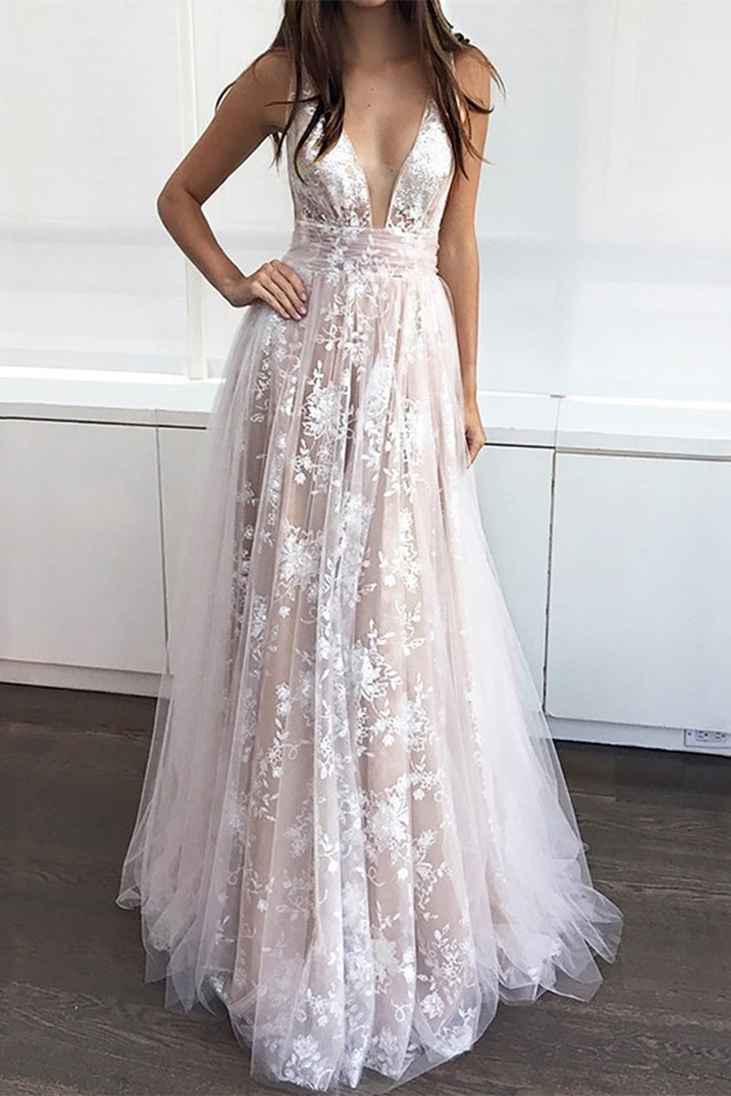Load image into Gallery viewer, Champagne Long Prom Dress with Lace