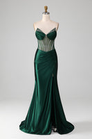 Load image into Gallery viewer, Dark Green Strapless Mermaid Long Corset Prom Dress