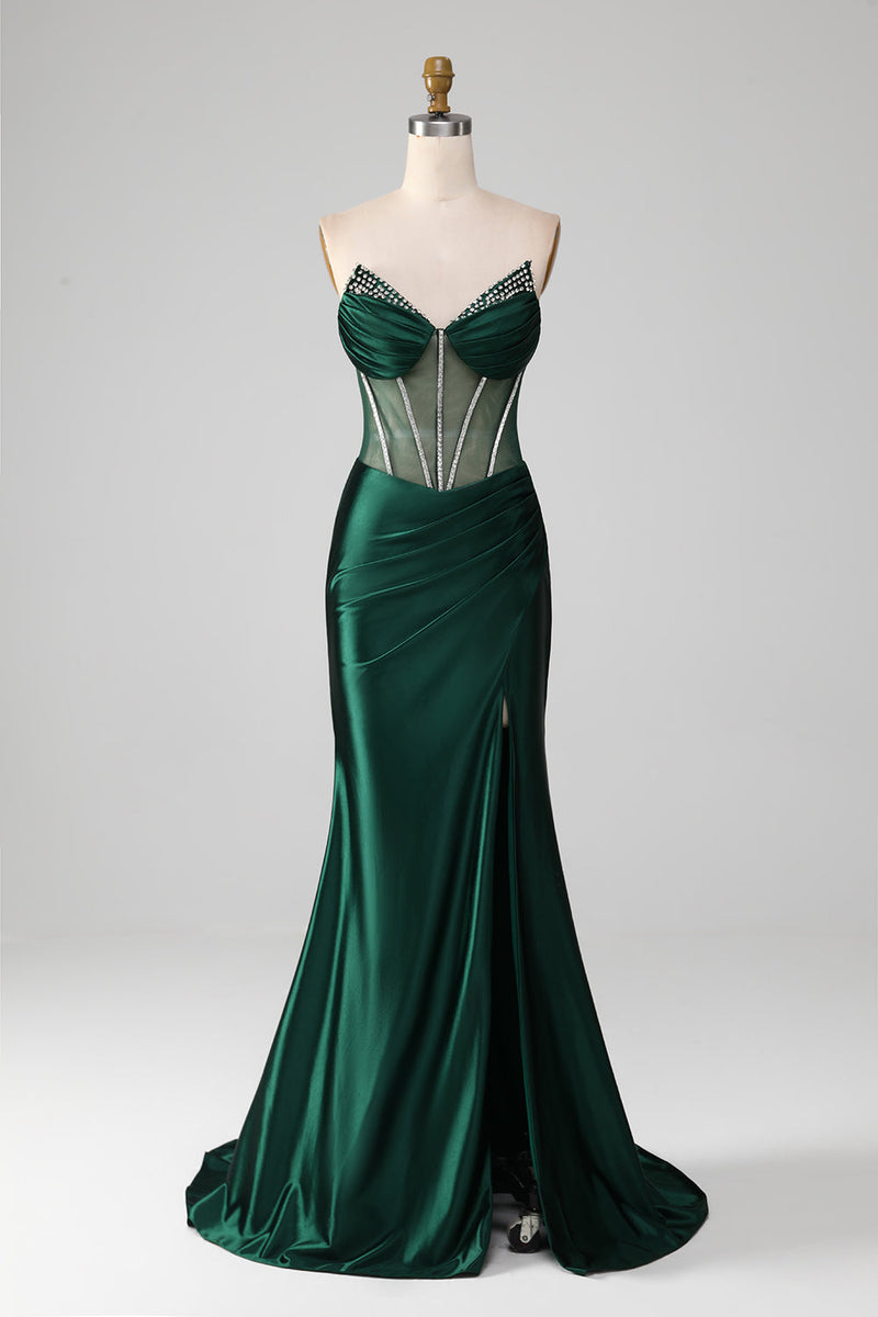 Load image into Gallery viewer, Dark Green Strapless Mermaid Long Corset Prom Dress