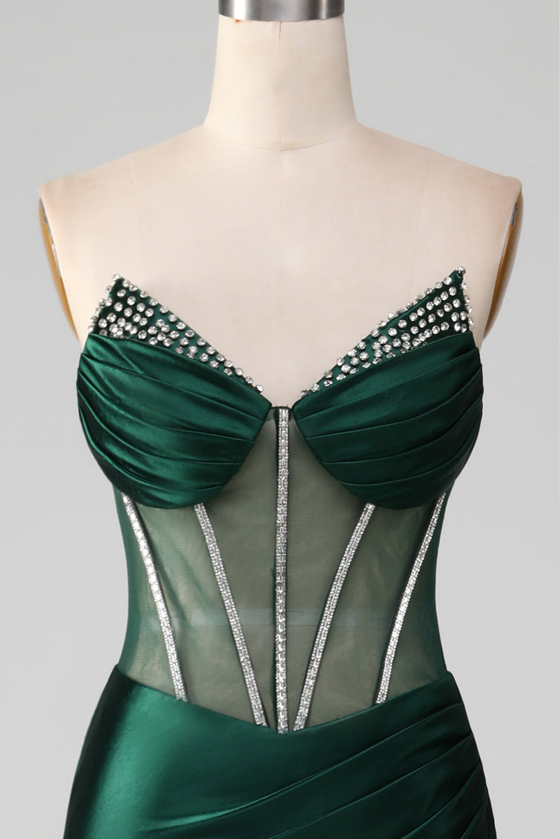 Load image into Gallery viewer, Dark Green Strapless Mermaid Long Corset Prom Dress