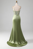 Load image into Gallery viewer, Sage Green Spaghetti Straps Satin Mermaid Corset Prom Dress