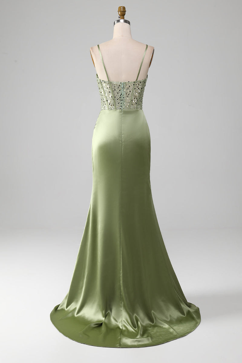 Load image into Gallery viewer, Sage Green Spaghetti Straps Satin Mermaid Corset Prom Dress