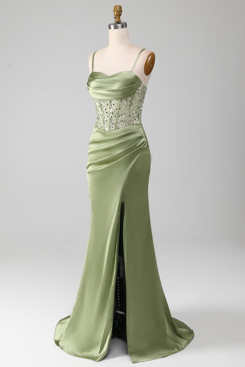 Load image into Gallery viewer, Sage Green Spaghetti Straps Satin Mermaid Corset Prom Dress
