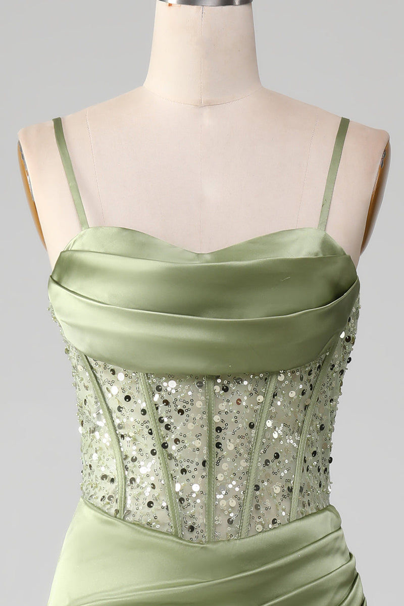 Load image into Gallery viewer, Sage Green Spaghetti Straps Satin Mermaid Corset Prom Dress