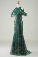 Load image into Gallery viewer, Sparkly Dark Green Sequin Mermaid Long Prom Dress