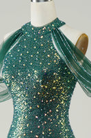 Load image into Gallery viewer, Sparkly Dark Green Sequin Mermaid Long Prom Dress
