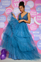 Load image into Gallery viewer, Blue A Line V-neck Princess Tiered Prom Dress