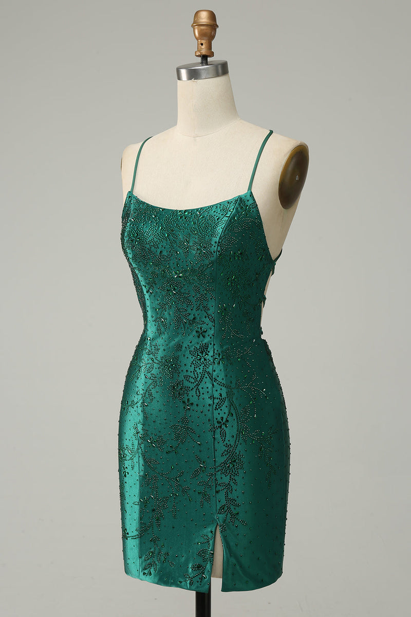 Load image into Gallery viewer, Dark Green Beaded Bodycon Prom Dress With Criss Cross Back