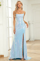 Load image into Gallery viewer, Mermaid Spaghetti Straps Blue Sequins Long Prom Dress with Split Front