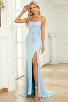 Load image into Gallery viewer, Mermaid Spaghetti Straps Blue Sequins Long Prom Dress with Split Front