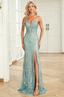 Load image into Gallery viewer, Mermaid Spaghetti Straps Green Long Prom Dress with Criss Cross Back