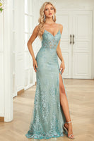 Load image into Gallery viewer, Mermaid Spaghetti Straps Green Long Prom Dress with Criss Cross Back