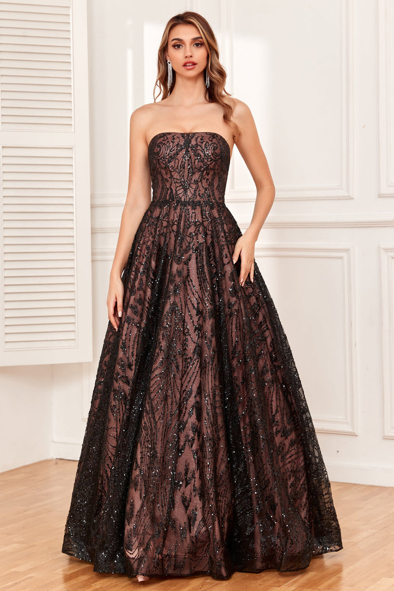 Load image into Gallery viewer, Black Strapless A Line Prom Dress with Beading