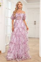Load image into Gallery viewer, Charming A Line Off the Shoulder Purple Long Prom Dress with Printing