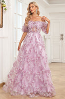 Load image into Gallery viewer, Charming A Line Off the Shoulder Purple Long Prom Dress with Printing