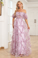 Load image into Gallery viewer, Charming A Line Off the Shoulder Purple Long Prom Dress with Printing