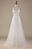 Load image into Gallery viewer, Ivory V-Neck Tulle Sweep Train Wedding Dress with Lace