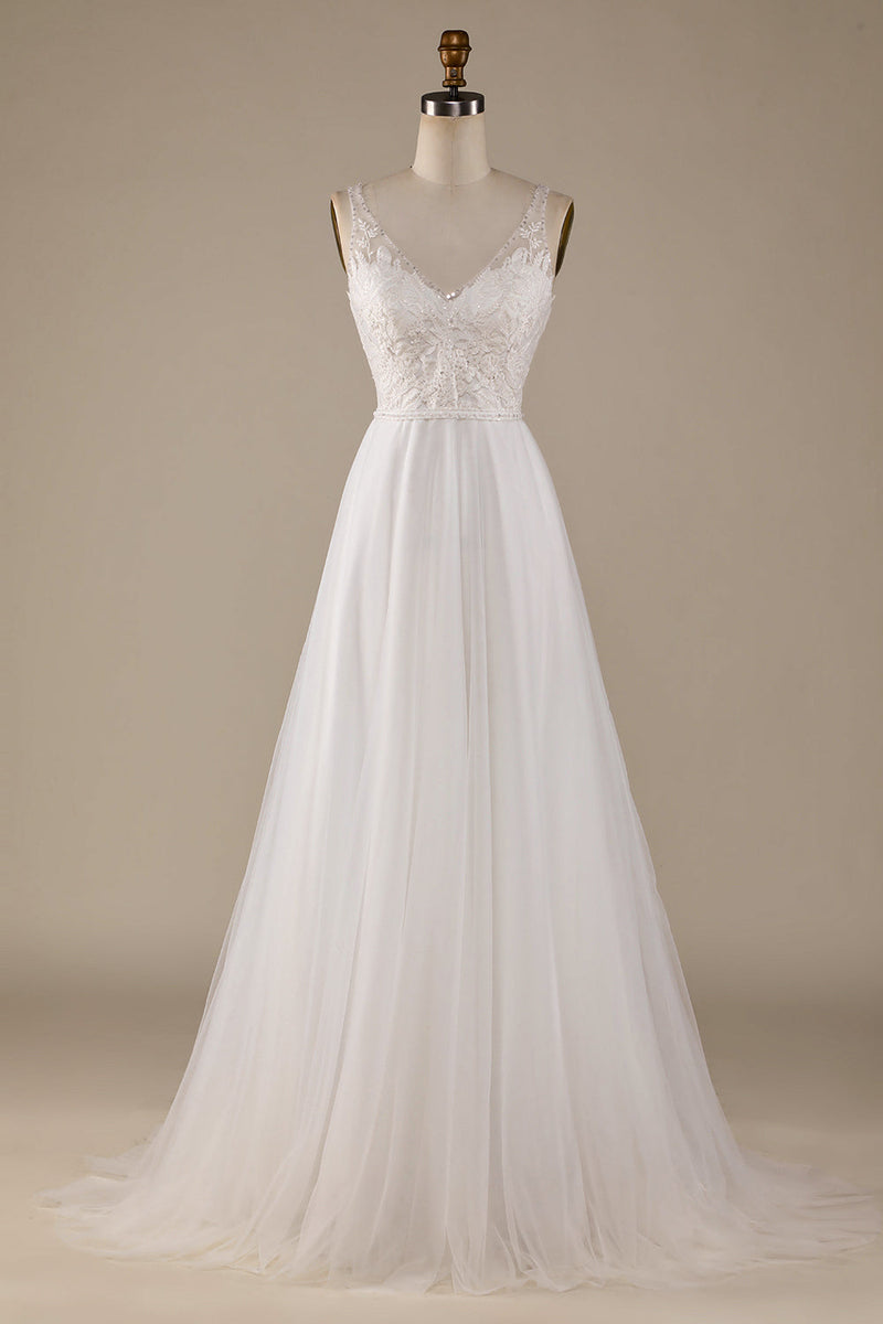 Load image into Gallery viewer, Ivory V-Neck Tulle Sweep Train Wedding Dress with Lace