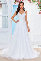 Load image into Gallery viewer, Ivory V-Neck Tulle Sweep Train A Line Wedding Dress with Lace